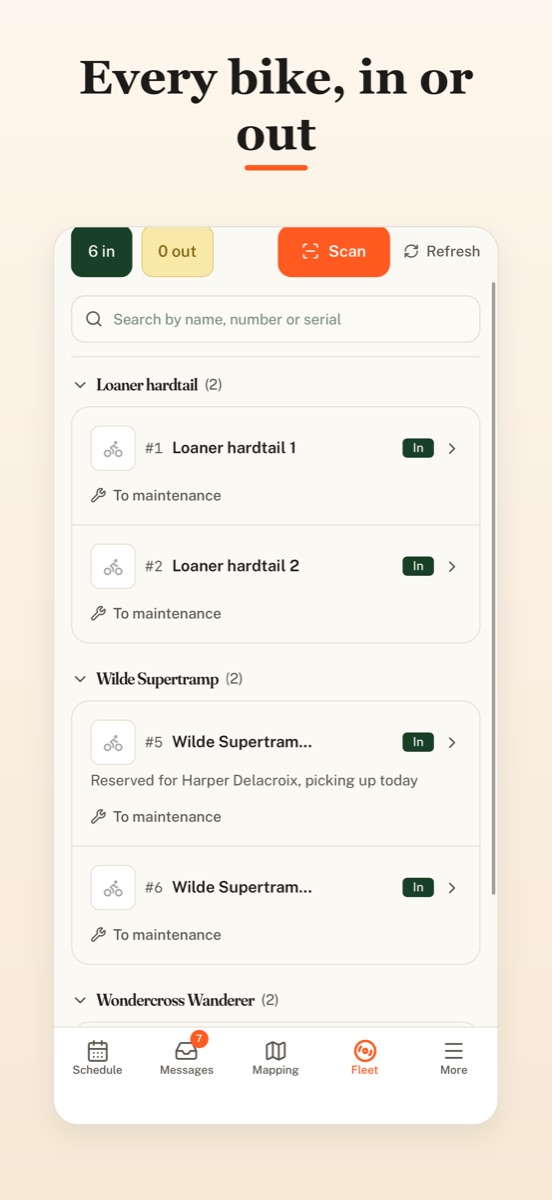 The app's fleet screen showing which bikes are out.