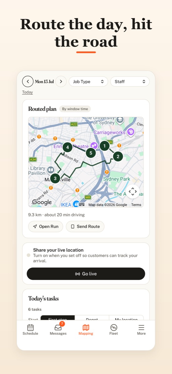 The app's mapping screen showing an optimised run of stops.