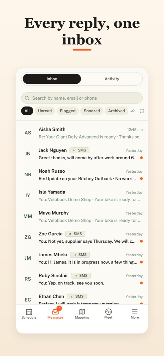 The app's shared inbox with customer replies.
