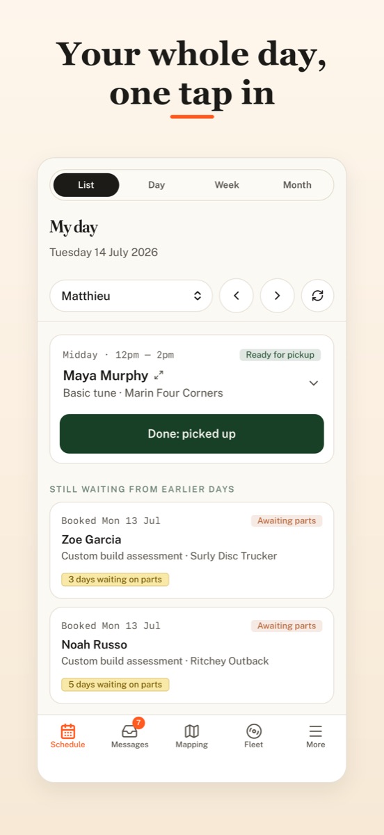 The app's schedule screen showing a day of bookings.